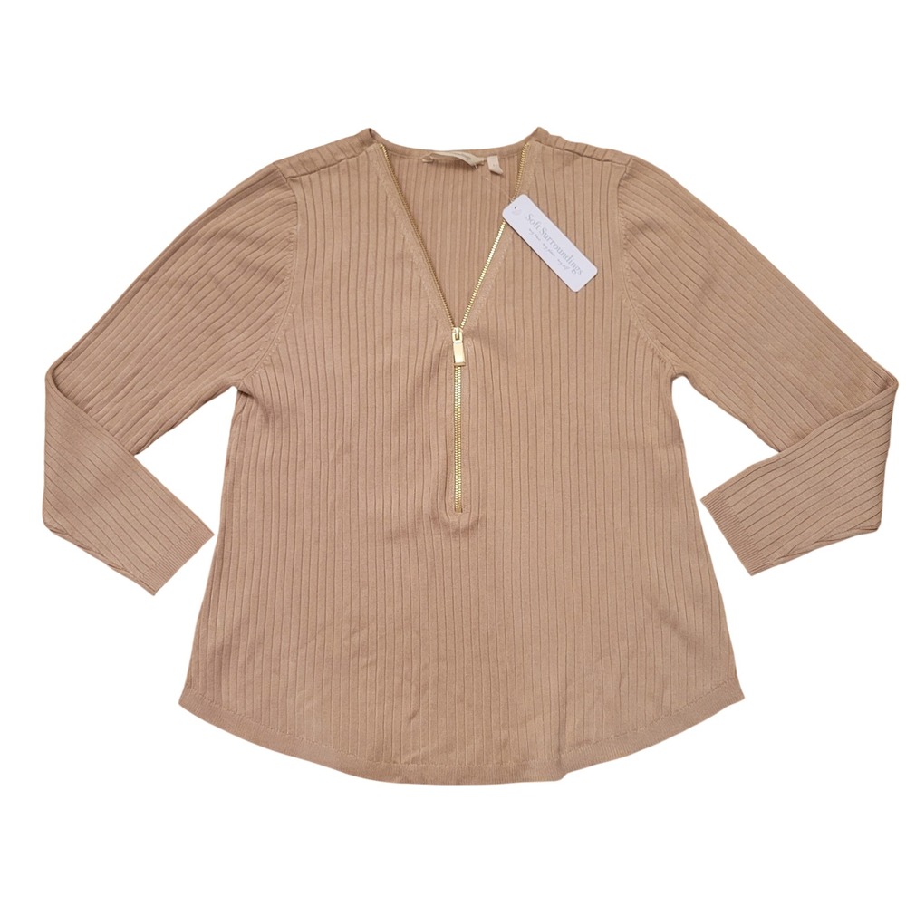 Soft Surroundings L Half Zip Essential Ribbed VALENTINA Sweater Sesame Tan Soft